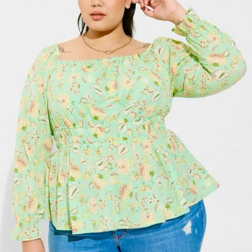 TORRID Clip Dot Blouse 100% Cotton Smocked Square Neckline Long Sleeve Lined